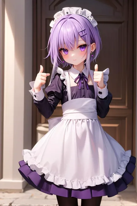 light purple hair,hair ornament,hairclip,purple eyes,(short hair with long locks, :1.5),((Greek Key Earrings:1.5,small chest)),	
pantyhose,
maid,
thumbs up,