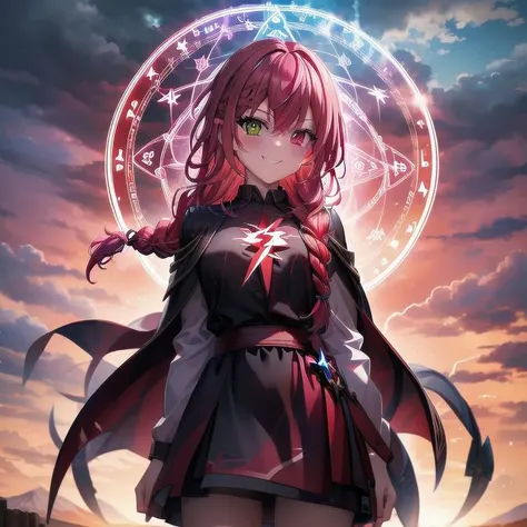lightning strike, red lightning, 1girl, multicolored hair, evil smirk, lightning, clouds, cloudy, mountain, dark skies, dark, magic, magic circle, heterochromia, (braid:1.2) <lora:magic circle:0.7>, cowboy shot,