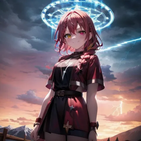 lightning strike, red lightning, 1girl, multicolored hair, evil smirk, lightning, clouds, cloudy, mountain, dark skies, dark, magic, magic circle, heterochromia, (braid:1.2) <lora:magic circle:0.7>, cowboy shot,