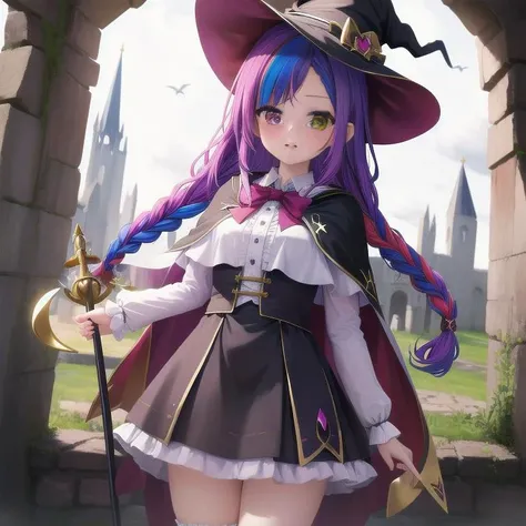 masterpiece, highres, 1girl, witch, witch hat, wide forehead, magical girl, ultra deteiled lace cloth frills, ruins, multicolored hair, Heterochromia, magic stave, staff, cape, {{braid}},