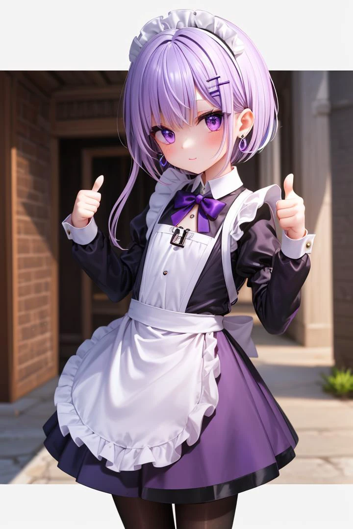 light purple hair,hair ornament,hairclip,purple eyes,(short hair with long locks, :1.5),((Greek Key Earrings:1.5,small chest)),
pantyhose,
maid,
thumbs up,