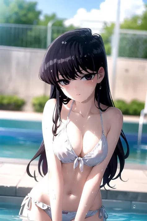 ray tracing, pool, clear water, best quality, semi-realistic, ray tracing, perfect shadows, looking at viewer, god rays, wavy hair, cutesy pose, white bikini,  <lora:Shoko Komi:0.75>, shy, blush, bokeh, depth of field, light smile, wet, wet hair, shiny particles, shiny skin,