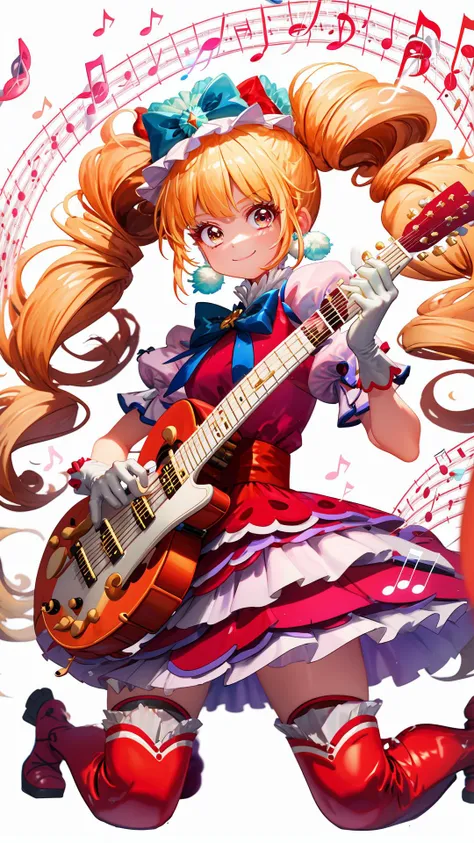 1girl, masterpiece, best quality, (ultra detailed), beautiful body, (perfect anatomy:1.2), beautiful face and eyes, ((Pastel colors)) , (perfect lighting:1.2), illustration,
 <lora:locon_cure_macherie_01:0.9> cure macherie, twintails, pom pom earrings, pink ribbon, white gloves, frilled thighhighs, red boots, puffy sleeves, layered dress, porch, wrist bow, jewelry
(cute pose:1.3), (full body:0), (cowboy shot:0), arched back, 
(cute smile:1.3), (Satisfaction:1.1), (dynamic pose:1.2), (dynamic composition:0.5), (dynamic angle:0.4), (dutch angle:0.2),
<lora:dreamflower:0.5>, dreamflower,  stream, (Zero gravity),
<lora:rainbow:0.4>,
 <lora:2D_hyperdetailer_v095:0.4>
(colorful rings background, âsound), (musical note:1.6)
white background, (streamlined background), floating feeling
(Golden ratio), ((natural)),  (wariza:1.5), (play the guitar:1.4), red guitar,