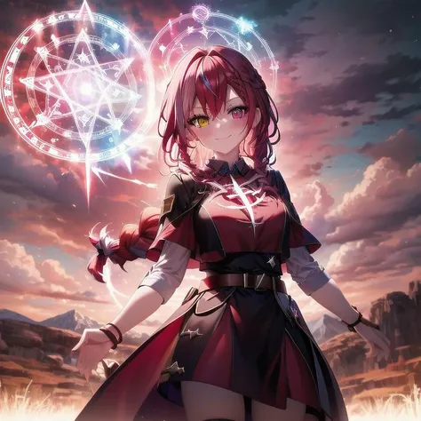 lightning strike, red lightning, 1girl, multicolored hair, evil smirk, lightning, clouds, cloudy, mountain, dark skies, dark, magic, magic circle, heterochromia, (braid:1.2) <lora:magic circle:0.7>, cowboy shot,