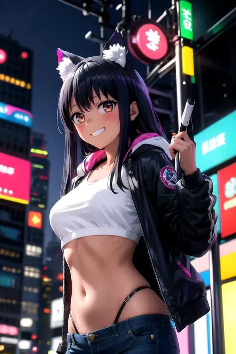 mature, 1girl,neon outfit, denim jacket, black shiny pants, crop top, cyberpunk art, upper body, night, neon city, masterpiece, (masterpiece:1.35), looking at viewer, paw, cat ears, <lora:Nagatoro_V3:0.6> nagatoro hayase, black hair, dark-skinned female, hair ornament, brown eyes, grin, v line, gloss skin, from below