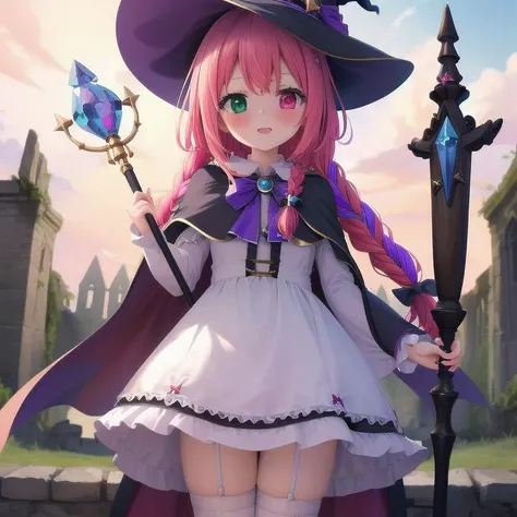 masterpiece, highres, 1girl, witch, witch hat, wide forehead, magical girl, ultra deteiled lace cloth frills, ruins, multicolored hair, Heterochromia, magic stave, staff, cape, {{braid}},
