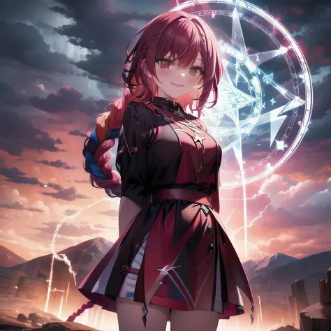 lightning strike, red lightning, 1girl, multicolored hair, evil smirk, lightning, clouds, cloudy, mountain, dark skies, dark, magic, magic circle, heterochromia, (braid:1.2) <lora:magic circle:0.7>, cowboy shot,