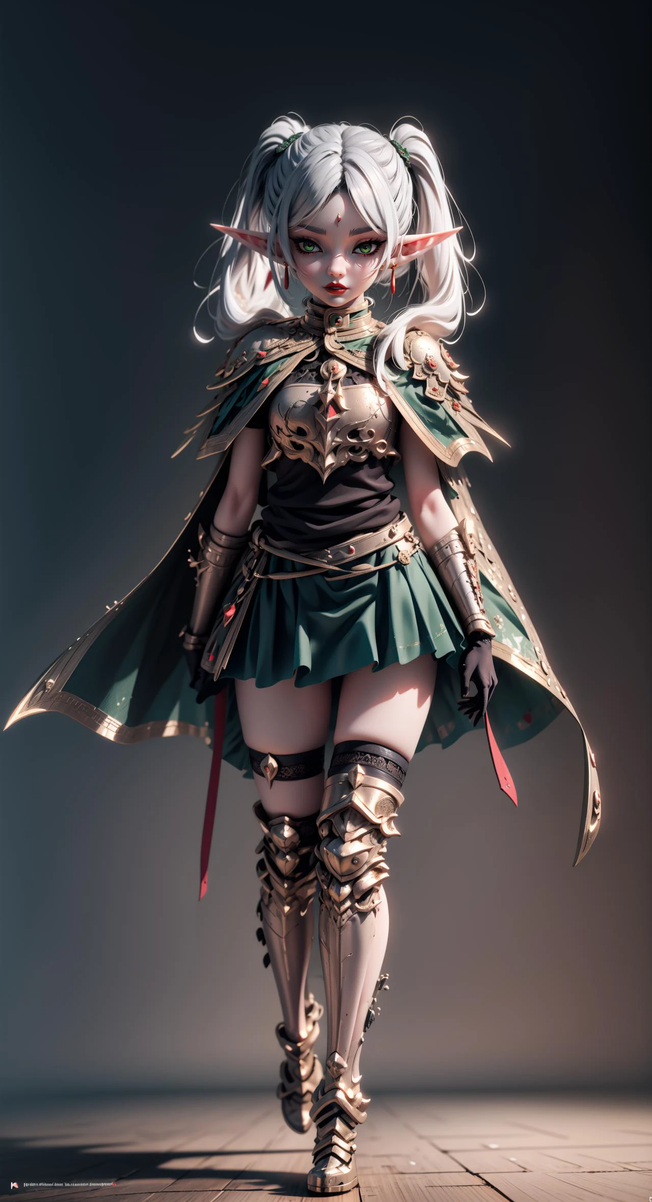 <lora:frieren:0.9> Frieren, (1 girl), (solo), twin tails, elf ears, green eyes, earrings, petite, (dark eye makeup),dark red lipstick, skirt , dynamic pose, dynamic angle, medieval town,(full body shot), 8K, unreal engine, render, meticulous, extremely detailed, ultradetail, high aesthetic, realistic, beautiful, emotional, expressive, visual poetry, A crisp 3D render, illustration, sharp lines, comic, refractive halation, <lora:HaDeS_Armor_v7:0.2> , hdsrmr, Empress , cape, black and white armor, intricate metalwork details ,<lora:eyeliner_v1:0.8> , <lora:wlop_offset:0.9> <lora:GothConceptV2:0.5>