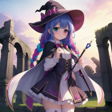 masterpiece, highres, 1girl, witch, witch hat, wide forehead, magical girl, ultra deteiled lace cloth frills, ruins, multicolored hair, Heterochromia, magic stave, staff, cape, {{braid}},