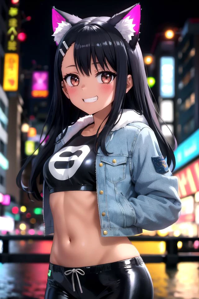 mature, 1girl,neon outfit, denim jacket, black shiny pants, crop top, cyberpunk art, upper body, night, neon city, masterpiece, (masterpiece:1.35), looking at viewer, paw, cat ears, <lora:Nagatoro_V3:0.6> nagatoro hayase, black hair, dark-skinned female, hair ornament, brown eyes, grin, v line, gloss skin,