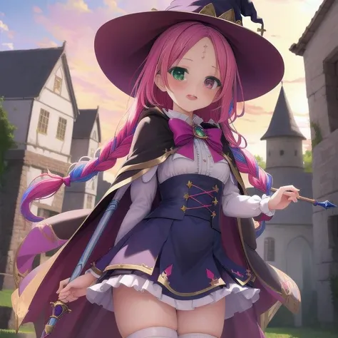 masterpiece, highres, 1girl, witch, witch hat, wide forehead, magical girl, ultra deteiled lace cloth frills, ruins, multicolored hair, Heterochromia, magic stave, staff, cape, {{braid}},