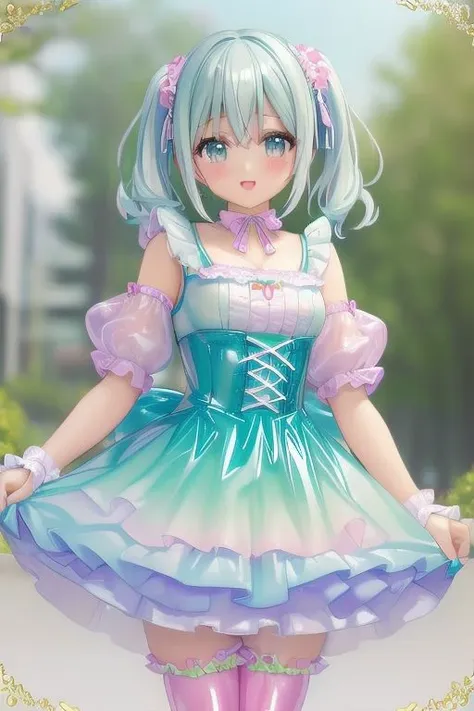 (pastel theme:1.3), masterpiece, best quality, professional detailed photo of (beautiful woman) wearing (pastel latex sweet Rococo dress, multilayered dress:1.2), (extremely wrinkled glossy latex fabric:1.3), (perfect face, beautiful face, symmetric face), (lipstick, eyeshadow, mascara), (frills and lace:1.1), (pastel stockings:1.1),