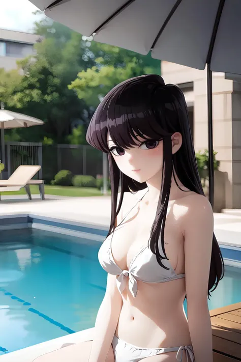 ray tracing, pool, clear water, best quality, semi-realistic, ray tracing, perfect shadows, looking at viewer, god rays, wavy hair, cutesy pose, white bikini,  <lora:Shoko Komi:0.75>, shy, blush, sitting, bokeh, depth of field, light smile,