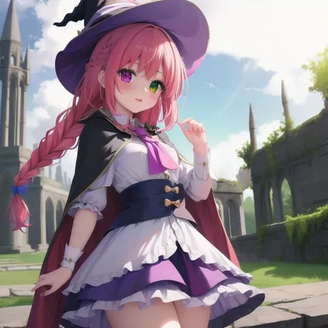masterpiece, highres, 1girl, witch, witch hat, wide forehead, magical girl, ultra deteiled lace cloth frills, ruins, multicolored hair, Heterochromia, magic stave, staff, cape, {{braid}},