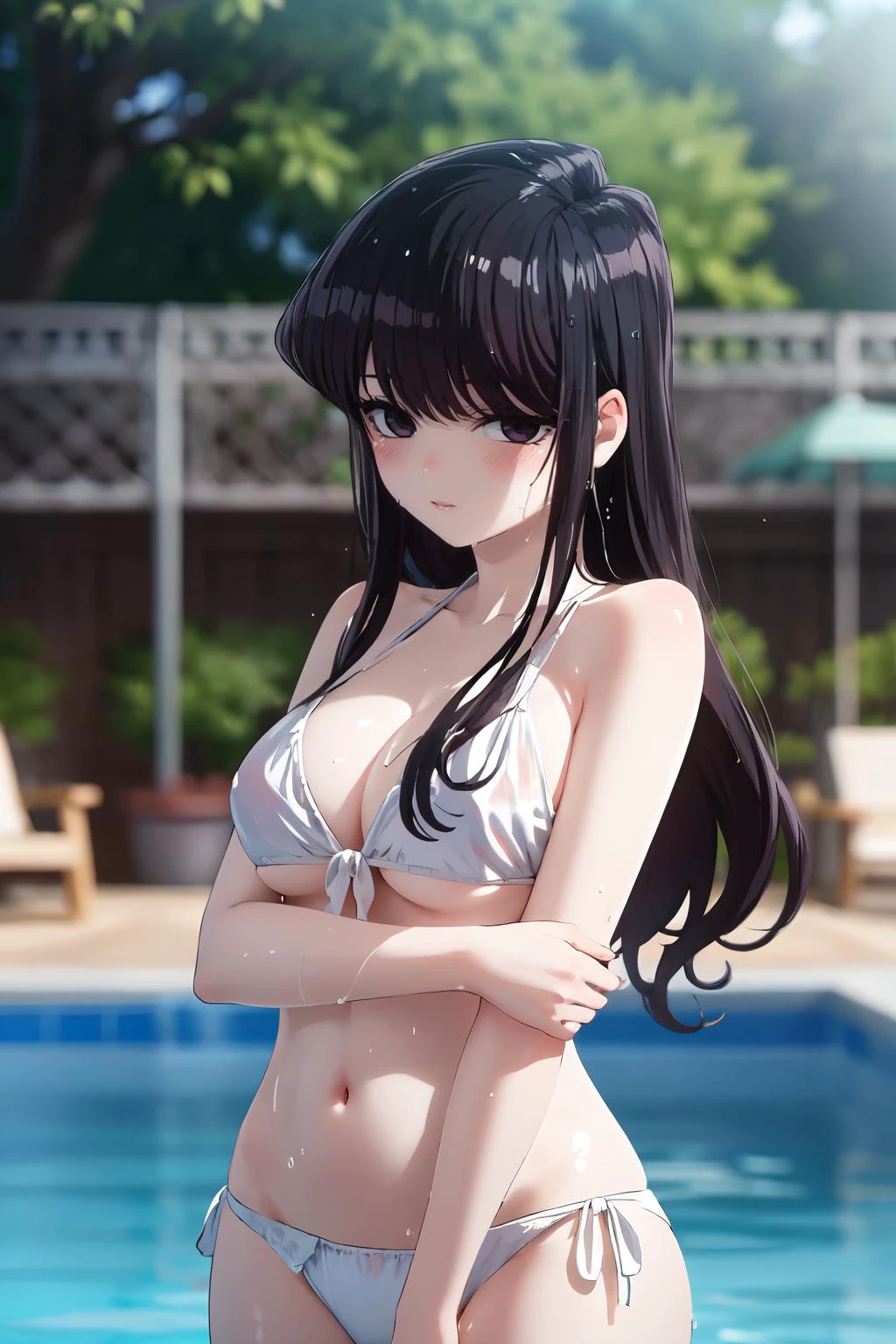 ray tracing, pool, clear water, best quality, semi-realistic, ray tracing, perfect shadows, looking at viewer, god rays, wavy hair, cutesy pose, white bikini, <lora:Shoko Komi:0.75>, shy, blush, bokeh, depth of field, light smile, wet, wet hair, shiny particles, shiny skin,
