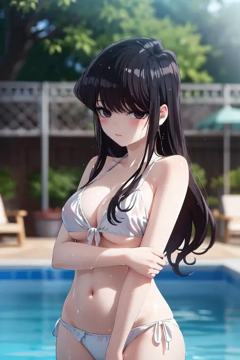 ray tracing, pool, clear water, best quality, semi-realistic, ray tracing, perfect shadows, looking at viewer, god rays, wavy hair, cutesy pose, white bikini,  <lora:Shoko Komi:0.75>, shy, blush, bokeh, depth of field, light smile, wet, wet hair, shiny particles, shiny skin,