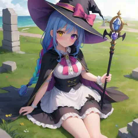 masterpiece, highres, 1girl, witch, witch hat, wide forehead, magical girl, ultra deteiled lace cloth frills, ruins, multicolored hair, Heterochromia, magic stave, staff, cape, {{braid}},