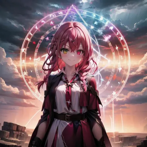 lightning strike, red lightning, 1girl, multicolored hair, evil smirk, lightning, clouds, cloudy, mountain, dark skies, dark, magic, magic circle, heterochromia, (braid:1.2) <lora:magic circle:0.7>, cowboy shot,