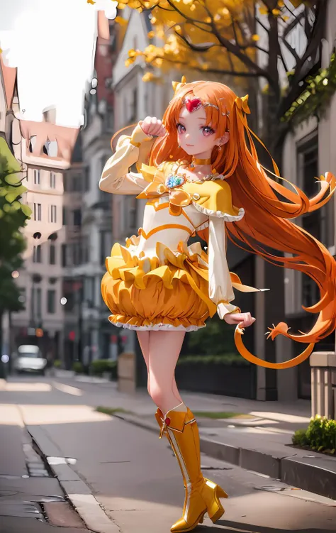 masterpiece, best quality, looking at viewer, ((baby face:1.2)),12yo,slim body,from front,lolli,Petit,shiny,
1girl, <lora:locon_cure_muse_01_release:0.9>, cure muse, orange hair, hair ribbon, yellow choker, jewelry, brooch, capelet, tiara, boots,((paw pose:1.2)),
smile, standing