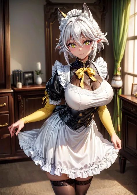masterpiece,best quality,high resolution,detailed face and eyes,zest1,smile,female focus,maid,standing,yellow eyes,mansion,standing,looking at viewer,<lora:zest-000003:0.8>,<lora:add_detail:1>,
