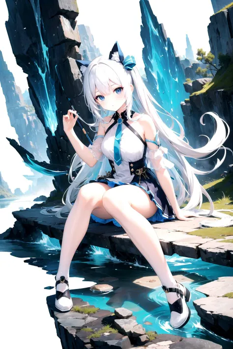 anime girl with white hair and blue eyes sitting on a rock, trending on artstation Pixiv, top rated on Pixiv, guweiz on Pixiv artstation, digital art on Pixiv, Enchanting anime girl, guweiz on artstation Pixiv, Anime Goddess, Pixiv contest winner, Anime Art Wallpapers 8K, Pixiv