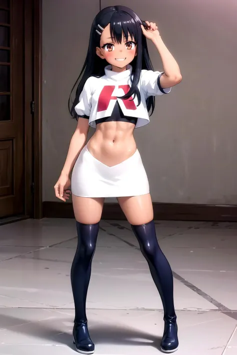 masterpiece, best quality, ((solo)), shiny skin, shiny clothes, <lora:team-rocket-uniform-08:1>, team rocket uniform, white jacket, white skirt, black thighhigh boots, <lora:Nagatoro_V3:0.6> nagatoro hayase, black hair, dark-skinned female, hair ornament, hair clip, brown eyes, grin, cutesy pose, vline abs,