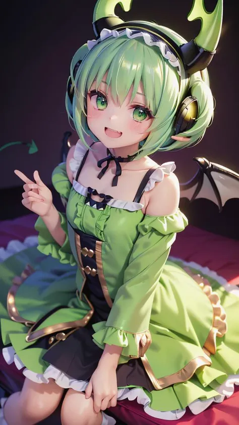 one cute girl,solo,short stature,(green eyes,green hair,medium short hair),Hair bounced to the side,hair intake,hair between eyes,beautiful chest,flat chest,
((green dress,green long skirt,hairband,frills,wing,demon horns)),
((from above,skirt lift)),
(smile,abandonment face,grin,delighted:1.1,open mouth),cinematic lighting,(shiny skin),high resolution,
(night bedroom background),sense of depth,4k,absurdres,dynamic pose,dynamic angle,best quality,masterpiece,Detailed illustration,Destructive art,opulent, <lora:PADastaroth:0.8>