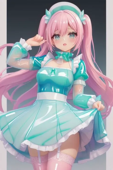 (latex pastel theme:1.3), masterpiece, best quality, professional detailed photo of (beautiful woman) wearing (pastel latex sweet dress, multilayered dress:1.2), (extremely wrinkled glossy latex fabric:1.3), (perfect face, beautiful face, symmetric face), (glossy lips, eyeshadow, mascara:1.2), (frills and lace:1.1), (pastel stockings:1.1),