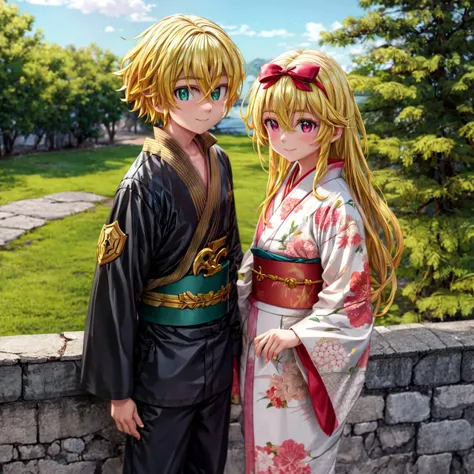 <lora:add_detail:1>,2 girl,2 boy,masterpiece,best quality,ultra-detailed,
AND day,forest,traditional japanese city,sakura tree,
2 girl,yue \(arifureta\),blond hair,very long hair,red eyes,hair bow,standing,smile,white kimono,(kimono),<lora:yue_v2:0.9>,
AND 2 boy,green eyes,meliodas_nanatsu_no_taizai_demon,golden hair,black kimono,looking_at_viewer,standing,smile,<lora:meliodas_nanatsu_no_taizai:0.9>,