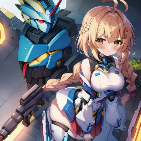 <lora:mecha_girls:1>, masterpiece, highres, 1girl, robot, mecha, science fiction, mechanization, autobot, glowing, pilot suit, weapon, gun, full body, chibi inset, wholesome, family friendly, (braid:1.3), short hair,   mecha musume,