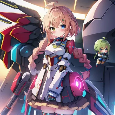 <lora:mecha_girls:1>, masterpiece, highres, 1girl, robot, mecha, science fiction, mechanization, autobot, glowing, pilot suit, weapon, gun, full body, chibi inset, wholesome, family friendly, (braid:1.3), short hair, mecha musume,