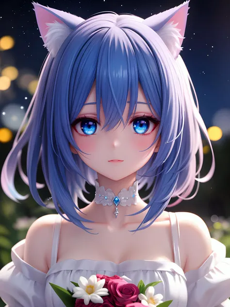 MMD model, 1 KAWAII cat girl. white gothic dress, flower garden, starry sky, Light reflects on the skin. bouquet.
black hair hair, Medium Long hair, light blue eye, alabaster skin.
beautiful skin. extremely delicate and beautiful. ultra detailed. clear eyes, detailed eyes. bokeh.