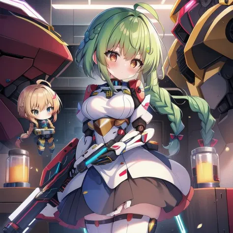 <lora:mecha_girls:1>, masterpiece, highres, 1girl, robot, mecha, science fiction, mechanization, autobot, glowing, pilot suit, weapon, gun, full body, chibi inset, wholesome, family friendly, (braid:1.3), short hair, mecha musume,