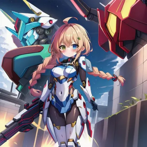 <lora:mecha_girls:1>, masterpiece, highres, 1girl, robot, mecha, science fiction, mechanization, autobot, glowing, pilot suit, weapon, gun, full body, chibi inset, wholesome, family friendly, (braid:1.3), short hair, mecha musume,