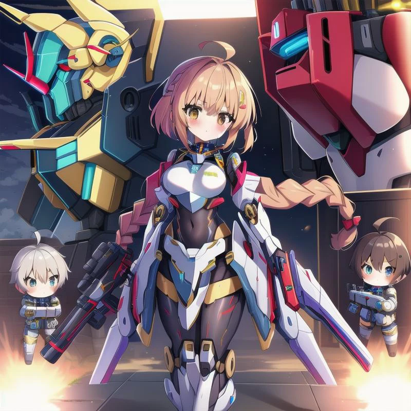 <lora:mecha_girls:1>, masterpiece, highres, 1girl, robot, mecha, science fiction, mechanization, autobot, glowing, pilot suit, weapon, gun, full body, chibi inset, wholesome, family friendly, (braid:1.3), short hair, mecha musume,