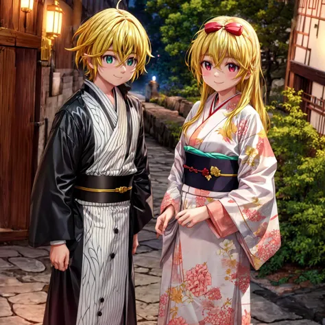 <lora:add_detail:1>,2 girl,2 boy,masterpiece,best quality,ultra-detailed,
AND day,forest,traditional japanese city,sakura tree,
2 girl,yue \(arifureta\),blond hair,very long hair,red eyes,hair bow,standing,smile,white kimono,(kimono),<lora:yue_v2:0.9>,
AND 2 boy,green eyes,meliodas_nanatsu_no_taizai_demon,golden hair,black kimono,looking_at_viewer,standing,smile,<lora:meliodas_nanatsu_no_taizai:0.9>,