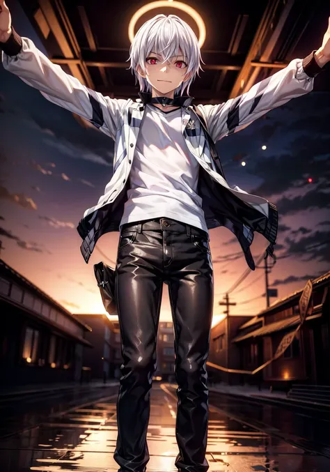 masterpiece,best quality,ultra-detailed,illustration,8K quality,day,sun,sky,Skyscraper,
(evil smile),pha Accelerator,1boy,red eyes,accelerator (Toaru Majutsu no index),constricted pupils,white hair,solo,albino,short hair,hair between eyes,
(leather_jacket),(black shirt),(striped shirt),(striped),pants,looking_at_viewer,(purple aura),<lora:accelerator-v1-ph_16:0.7>,<lora:Evilsmile:0.5>,<lora:add_detail:1>,