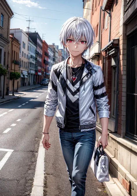 ((masterpiece)),((best quality)),((ultra-detailed)),((illustration)),8K quality,day,street,city,path,
pha Accelerator,1boy,red eyes,accelerator (Toaru Majutsu no index),constricted pupils,white hair,solo,albino,short hair,hair between eyes,
(leather_jacket),(black shirt),(striped shirt),(striped),pants,(evil smile),looking_at_viewer,<lora:accelerator-v1-ph_16:0.7>,<lora:add_detail:1>,