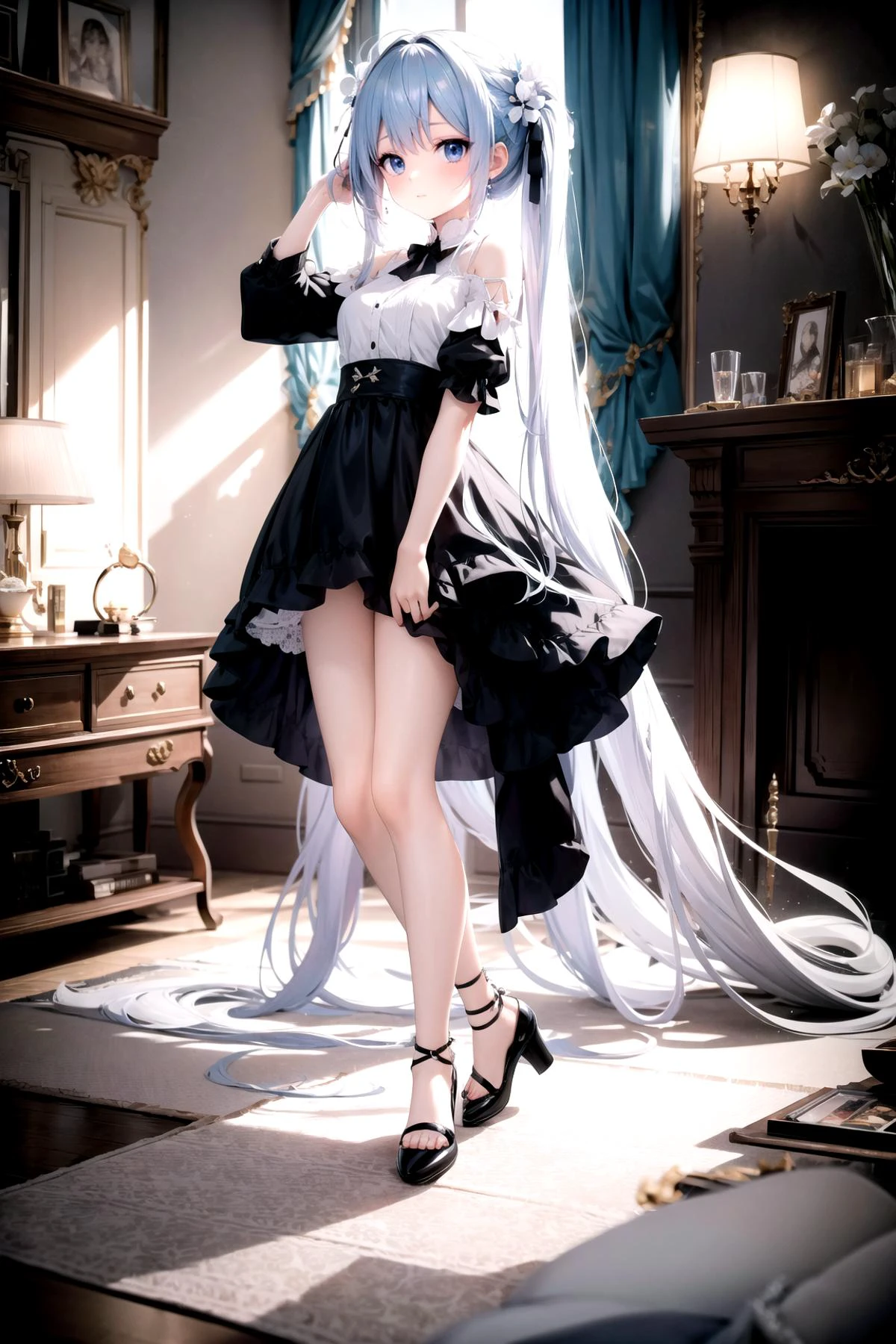 insanely detailed, absurdres, ultra-highres, ultra-detailed, best quality
BREAK
slender, kawaii, petite, perfect symmetrical face, ultra cute girl, ultra cute face, ultra detailed eyes, ultra detailed hair, ultra cute, ultra beautiful,
BREAK
1girl, solo, (long hair | very long hair), full body, pencil miniskirt dress, bare shoulders, huge breasts
BREAK
closed mouth,
BREAK
(tying hair:1.2), (implied pantyshot:1.4), sitting
BREAK
flat, flat colors, 2D, (anime:1.2)
BREAK