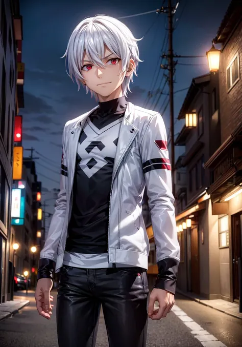 ((masterpiece)),((best quality)),((ultra-detailed)),((illustration)),8K quality,day,street,city,path,
pha Accelerator,1boy,red eyes,accelerator (Toaru Majutsu no index),constricted pupils,white hair,solo,albino,short hair,hair between eyes,
(leather_jacket),(black shirt),(striped shirt),(striped),pants,(evil smile),looking_at_viewer,<lora:accelerator-v1-ph_16:0.6>,<lora:add_detail:1>,