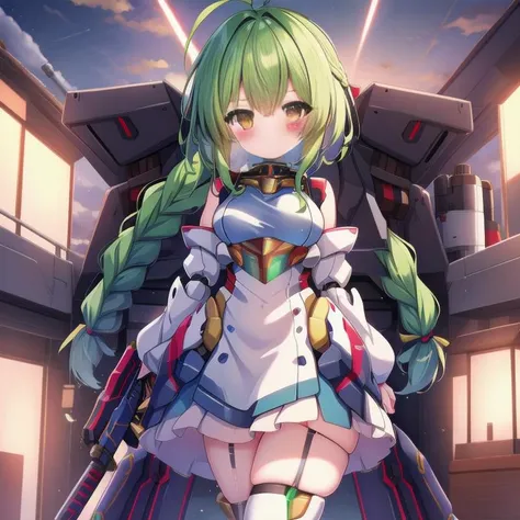 <lora:mecha_girls:1>, masterpiece, highres, 1girl, robot, mecha, science fiction, mechanization, autobot, glowing, pilot suit, weapon, gun, full body, chibi inset, wholesome, family friendly, (braid:1.3), short hair, mecha musume,
