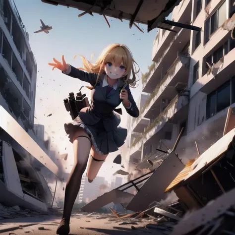 masterpiece, best, quality, ultra detail, evil smile, holding gun, 1girl, debris, fleeing, collapse, (outdoors, looking at viewer:1.10), running, building, chair, desk, <lora:escapeSchool:0.6>.close up