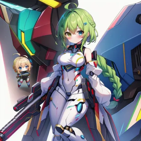 <lora:mecha_girls:1>, masterpiece, highres, 1girl, robot, mecha, science fiction, mechanization, autobot, glowing, pilot suit, weapon, gun, full body, chibi inset, wholesome, family friendly, (braid:1.3), short hair, mecha musume,