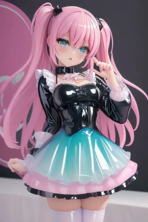 (latex [pastel|gothic] theme:1.3), masterpiece, best quality, professional detailed photo of (beautiful woman) wearing ([pastel|dark] latex [sweet|gothic] fetish dress, multilayered dress:1.2), (extremely wrinkled glossy latex fabric:1.3), (perfect face, beautiful face, symmetric face), (glossy lips, eyeshadow, mascara:1.2), (frills and lace:1.1), ([pastel|gothic] stockings:1.1),