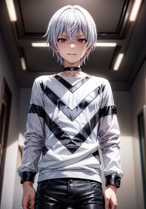 (masterpiece),(best quality),(ultra-detailed),(illustration),8K quality,laboratory,day,
pha Accelerator,1boy,red eyes,accelerator (Toaru Majutsu no index),constricted pupils,white hair,solo,albino,short hair,hair between eyes,
(leather_jacket),(black shirt),(striped shirt),(striped),pants,(evil smile),looking_at_viewer,<lora:accelerator-v1-ph_16:0.7>,<lora:add_detail:1>,