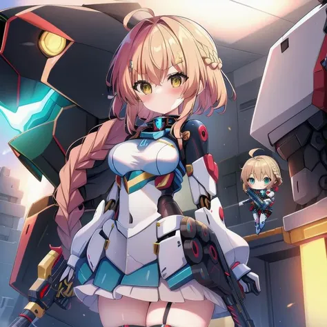 <lora:mecha_girls:1>, masterpiece, highres, 1girl, robot, mecha, science fiction, mechanization, autobot, glowing, pilot suit, weapon, gun, full body, chibi inset, wholesome, family friendly, (braid:1.3), short hair, mecha musume,