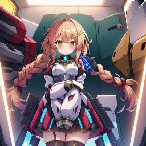 <lora:mecha_girls:1>, masterpiece, highres, 1girl, robot, mecha, science fiction, mechanization, autobot, glowing, pilot suit, weapon, gun, full body, chibi inset, wholesome, family friendly, (braid:1.3), short hair, mecha musume,
