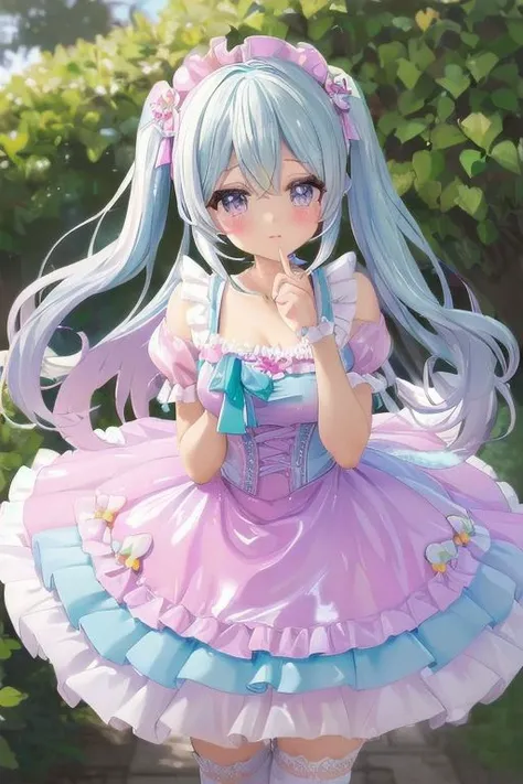 (pastel theme:1.3), masterpiece, best quality, professional detailed photo of (beautiful woman) wearing (pastel sweet fetish Rococo dress, multilayered dress:1.2), (extremely wrinkled glossy fetish fabric:1.3), (perfect face, beautiful face, symmetric face), (lipstick, eyeshadow, mascara), (frills and lace:1.1), (pastel stockings:1.1),