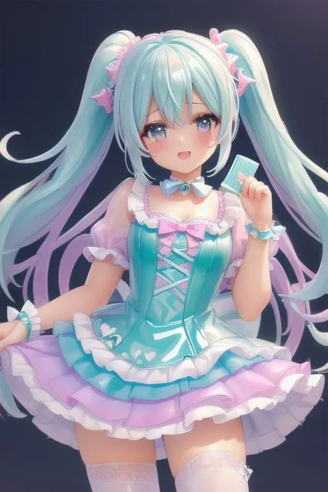(pastel theme:1.3), masterpiece, best quality, professional detailed photo of (beautiful woman) wearing (pastel latex sweet Rococo dress, multilayered dress:1.2), (extremely wrinkled glossy fetish fabric:1.3), (perfect face, beautiful face, symmetric face), (lipstick, eyeshadow, mascara), (frills and lace:1.1), (pastel stockings:1.1),