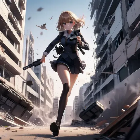 masterpiece, best, quality, ultra detail, evil smile, holding gun, 1girl, debris, fleeing, collapse, (outdoors, looking at viewer:1.10), running, building, chair, desk, <lora:escapeSchool:0.6>.close up